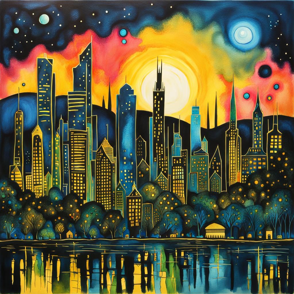 Bioluminescent Night Cityscape in Pop Art Style
