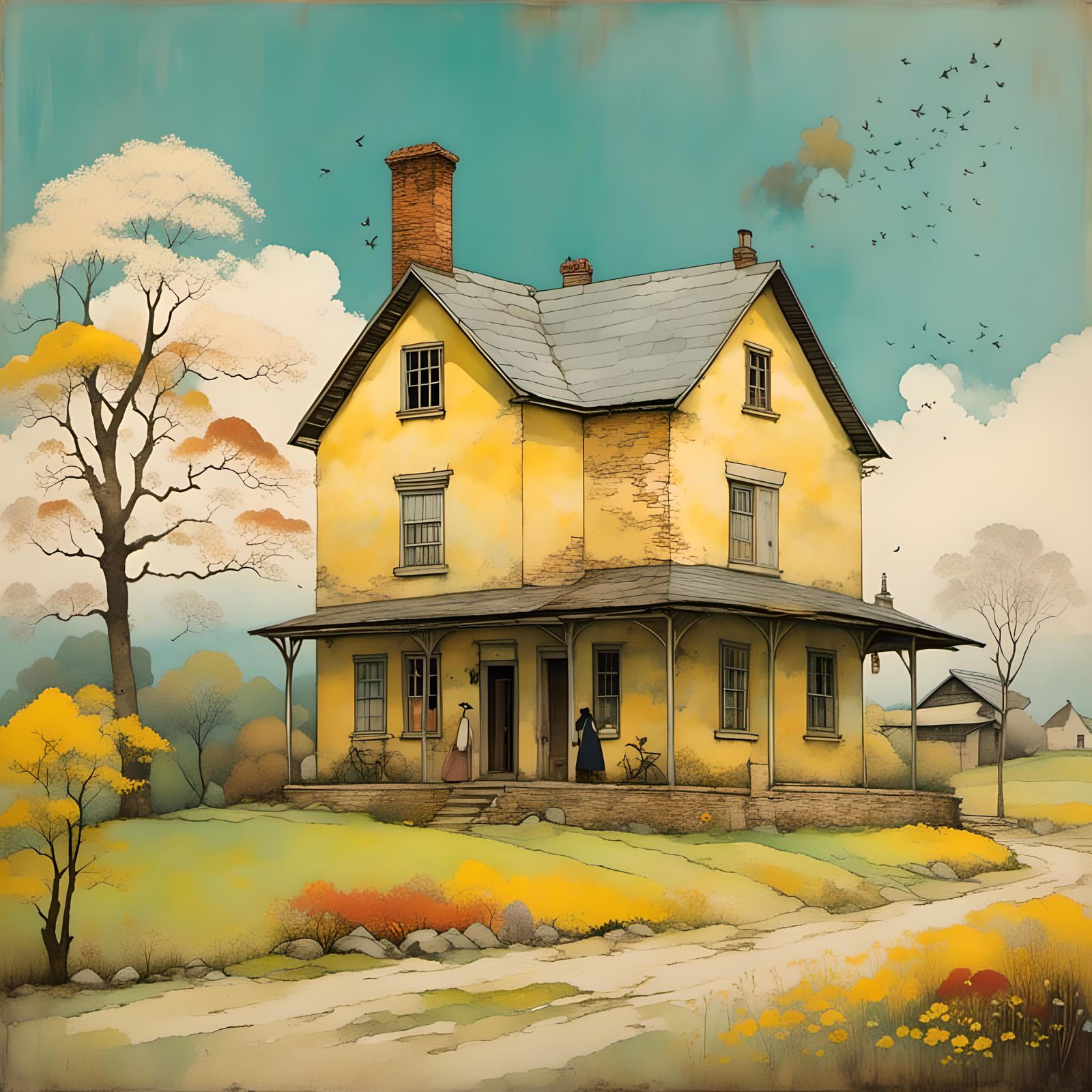 Vibrant Yellow Farmhouse with Barn and Windmill