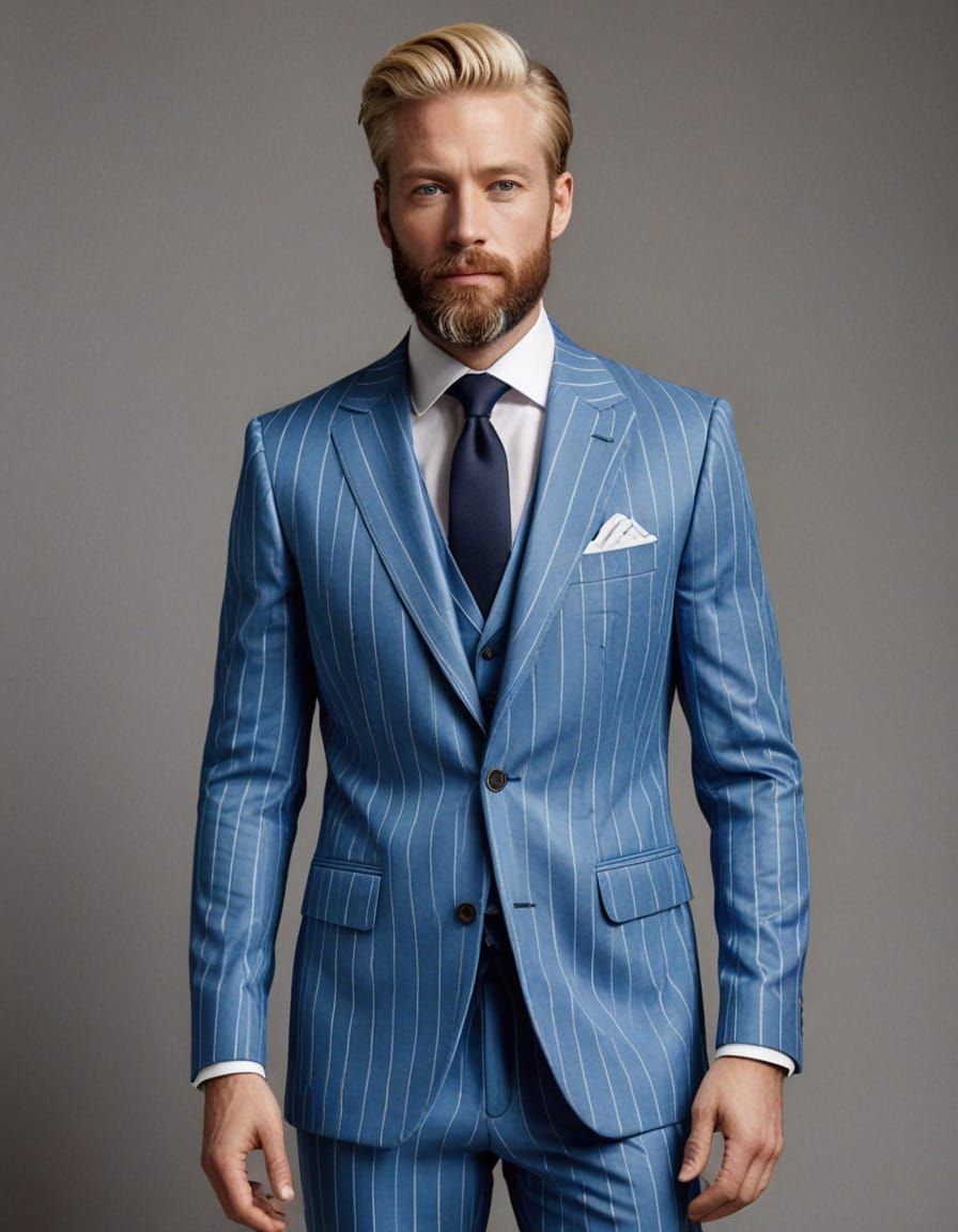 Elegant Blond Gentleman in Extravagant Blue and White Stripe...
