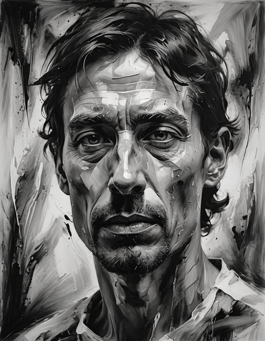abstract, impressionistic portrait rendered in black and whi...