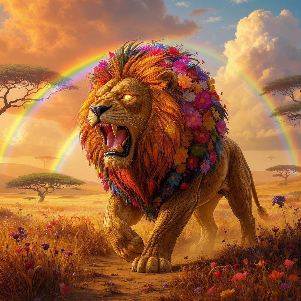 Roaring Lion Carved from Wood with Floral Mane