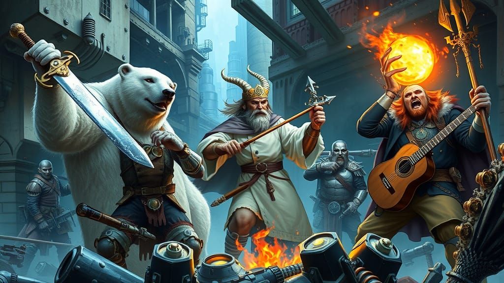 Berserker Polar Bear and Allies Battle in a Dark Fantasy Ind...