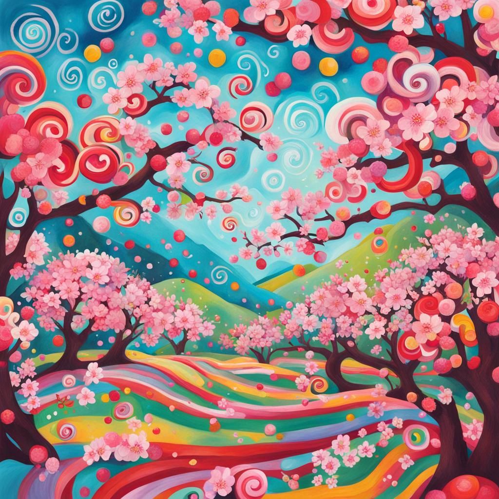 Cherry Blossoms Sing in Gouache Candyland