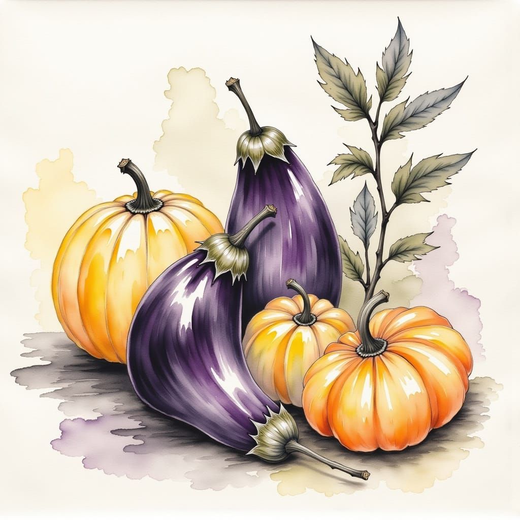 Eggplants and Pumpkins Still Life in Japanese Sketch Style