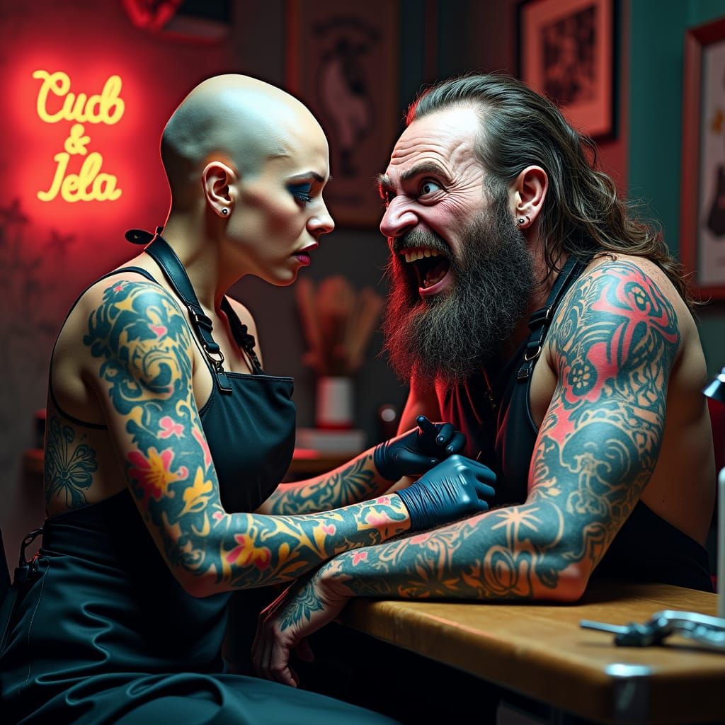 Tattoo Artist at Work in Gritty Tattoo Parlor