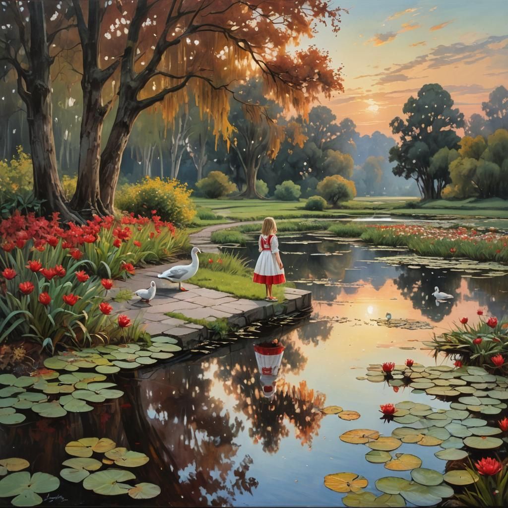 Autumn Oak and Girl by Pond: Oil Painting