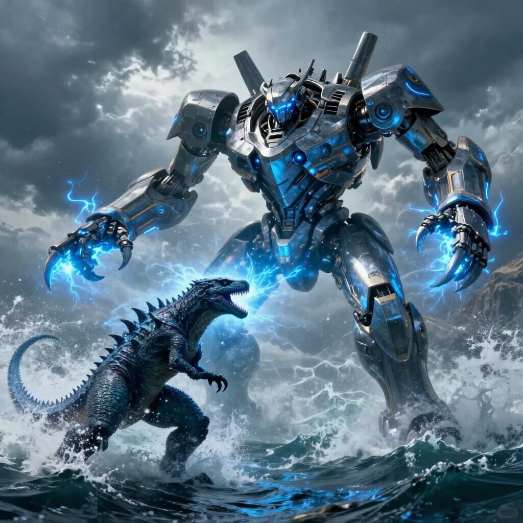 Four-Armed Jaeger Battles Kaiju in Stormy Ocean