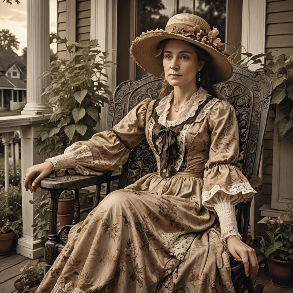 Victorian Woman on Porch in Sepia Tone