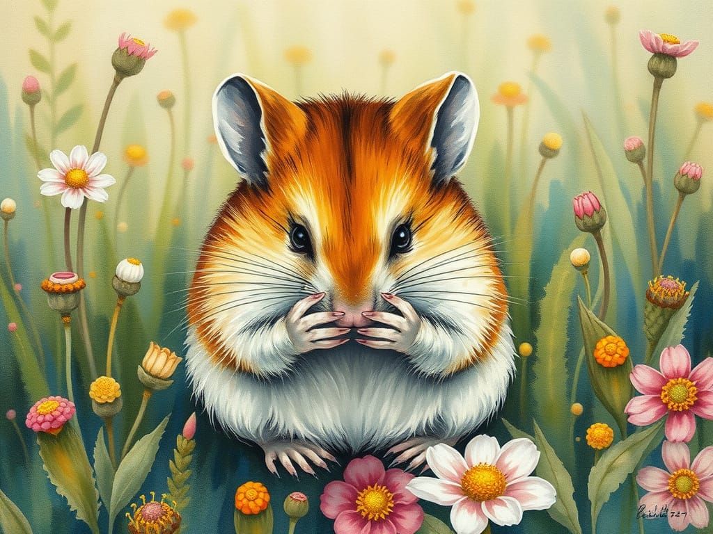 Shy Dormouse in William Morris Gouache Style