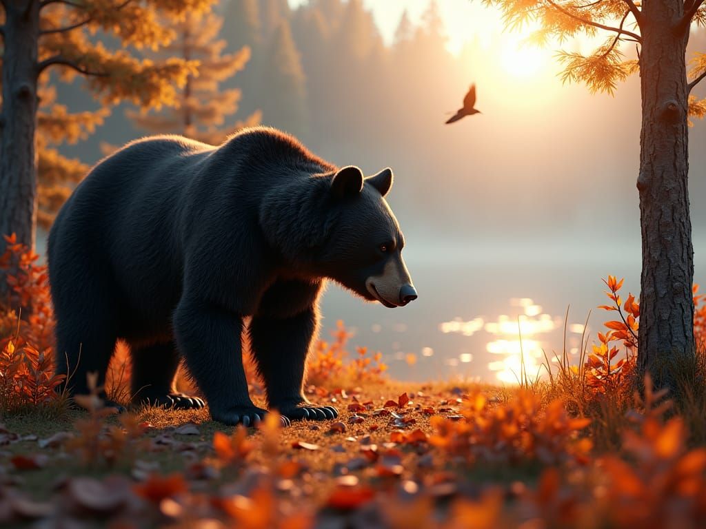 Black Bear in Autumn Forest: Photorealistic 8k Render