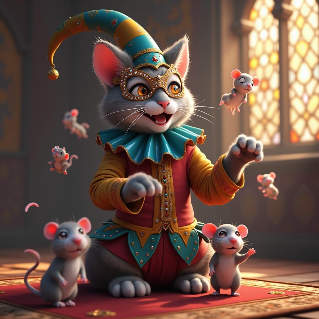 Whimsical Gray Tabby Cat in Harlequin Costume