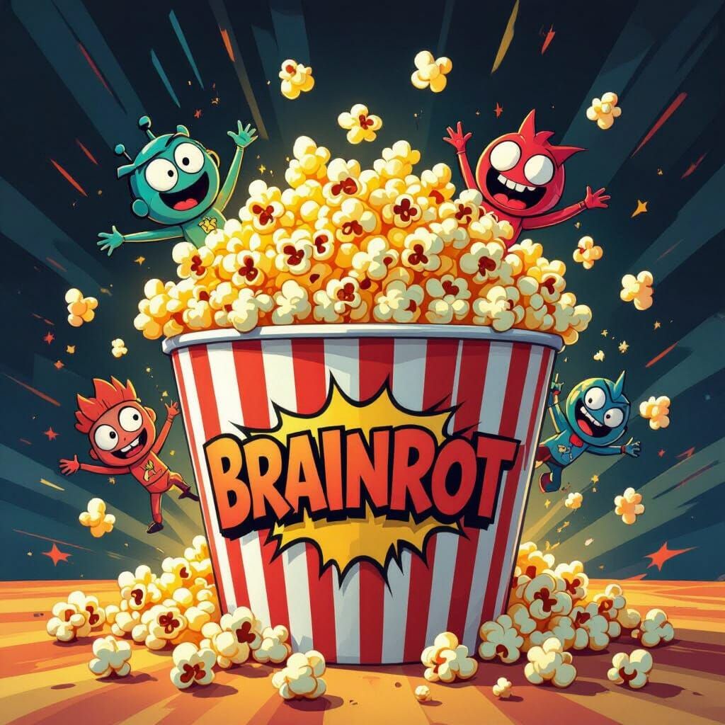 Popcorn Bucket Labeled Brainrot With Cartoon Heroes