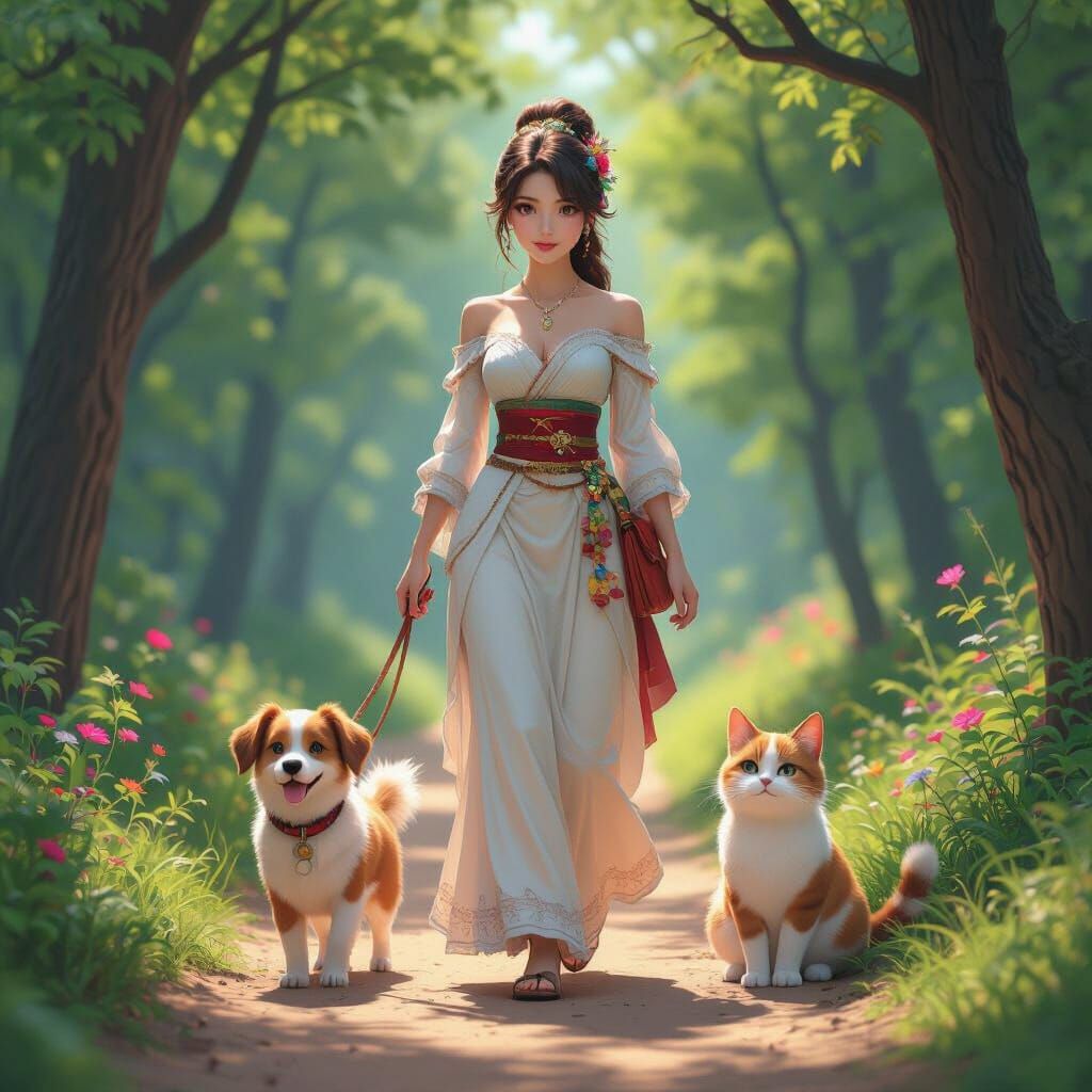 Woman, Dog, and Cat on Forest Path in Anime Style