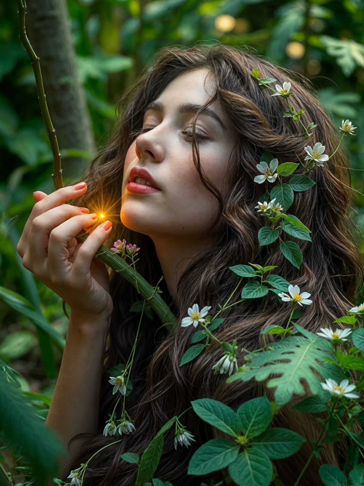 Ethereal Forest Fairy with Crimson Glow, Digital Art