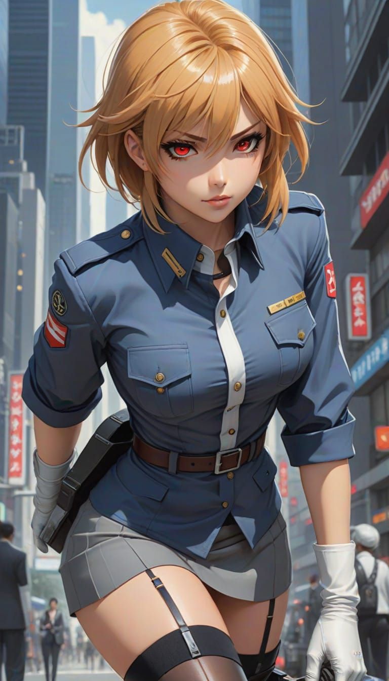 Confident Military Woman in Sleek Uniform and Zettai Ryouiki