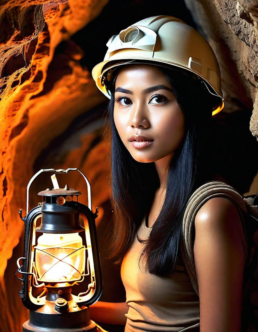 Indonesian Woman Exploring Underground Cavern in Photo Reali...