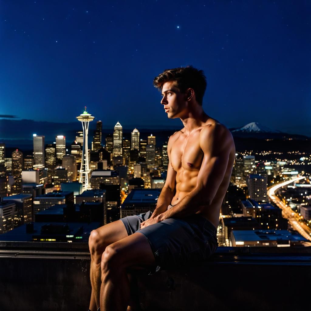 Shirtless Man Overlooking Seattle Skyline at Night