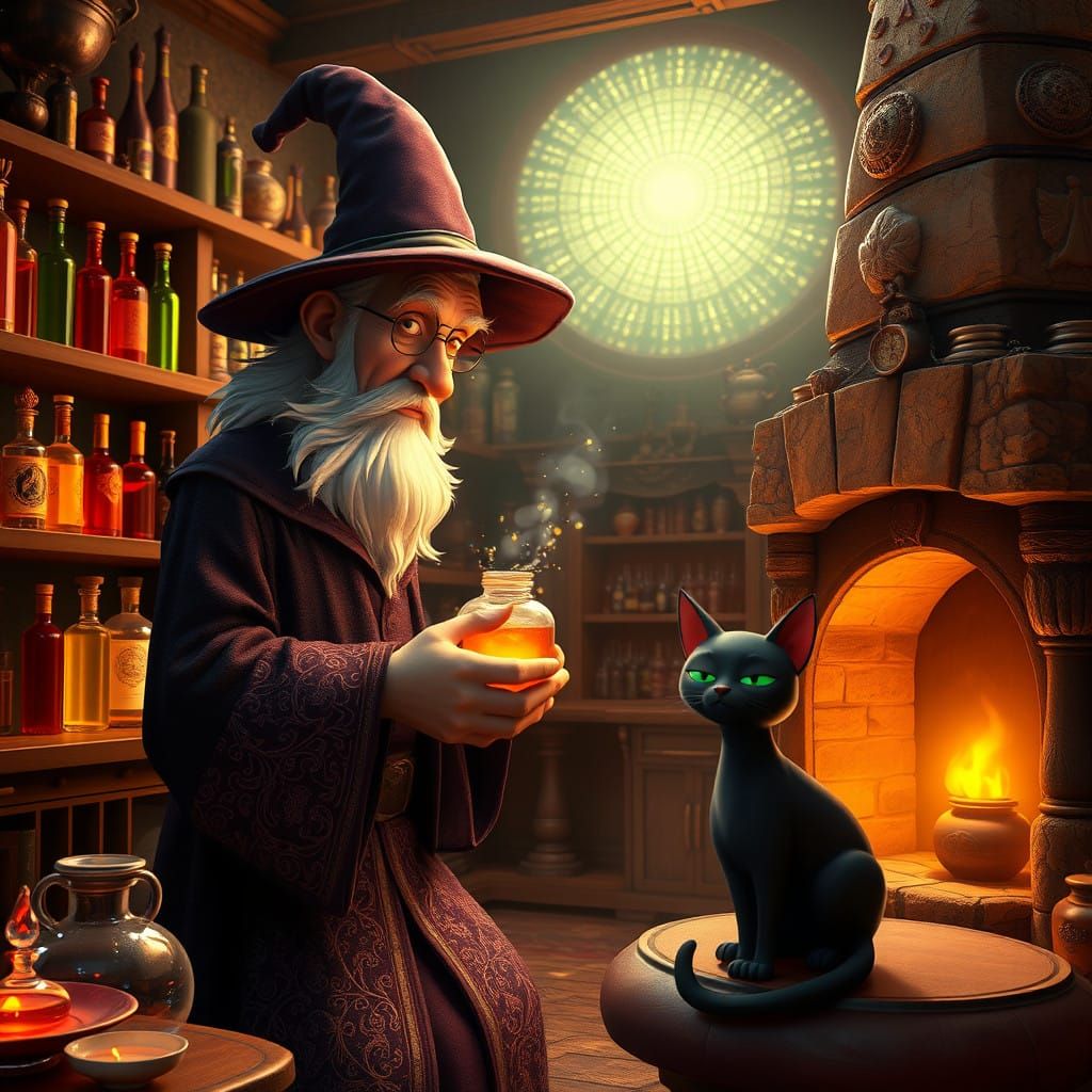 Mystical Wizard in Elegant Robes Brews Radiant Potion