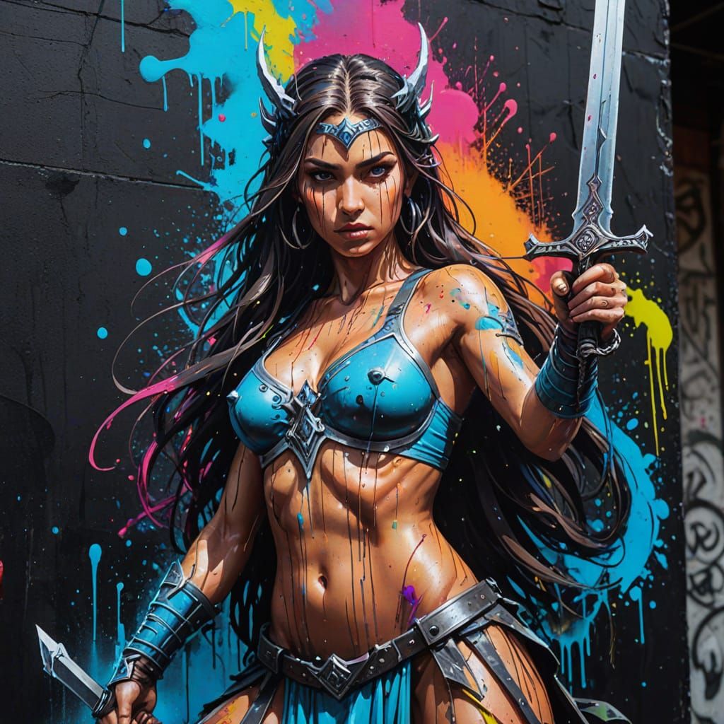 Vibrant Goddess of War Graffiti Art