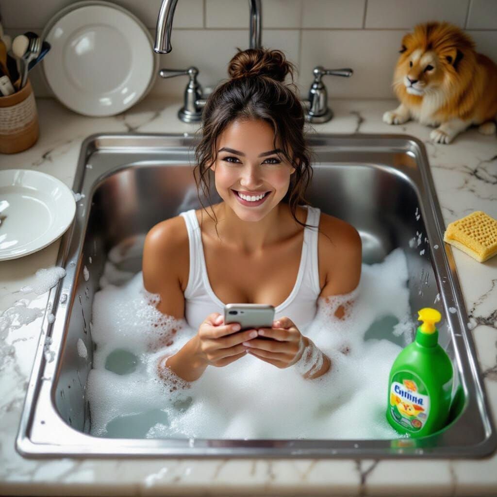 Woman in Bubbles: Hyper-Realistic Kitchen Scene
