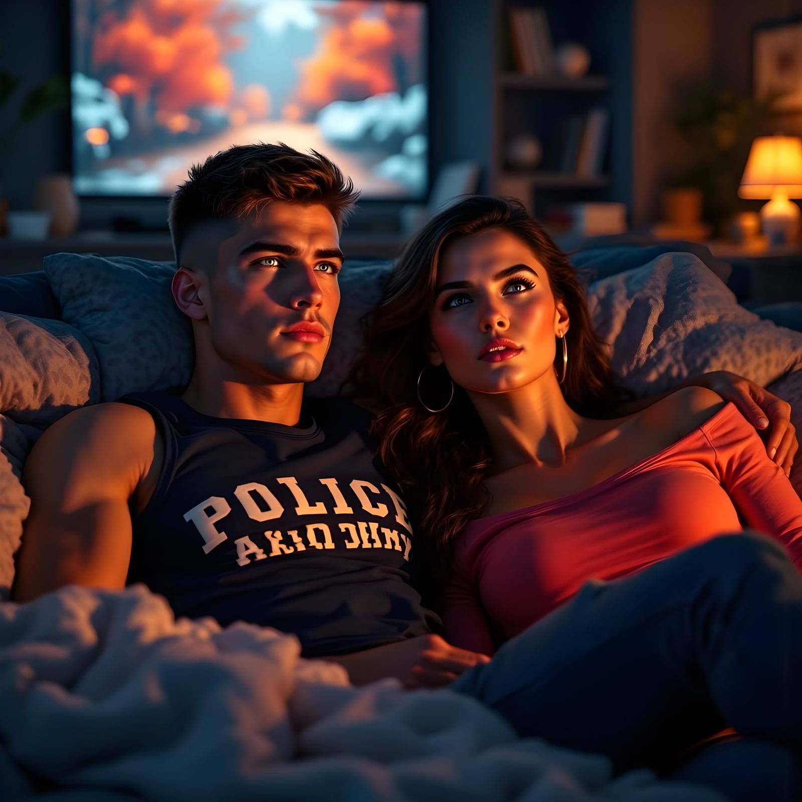 Intimate Movie Night Scene in Hyperrealistic Style