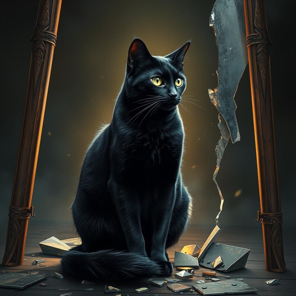 Opened ladder with a black cat and shattered mirror between ...