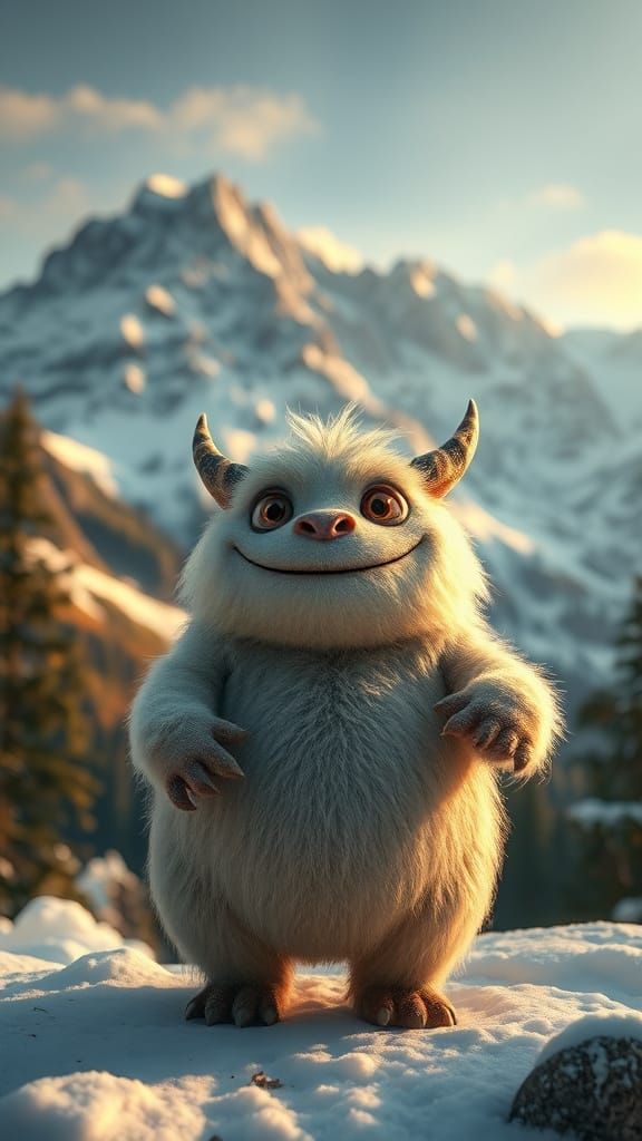 Whimsical Snowy Monster in a Fairytale Landscape