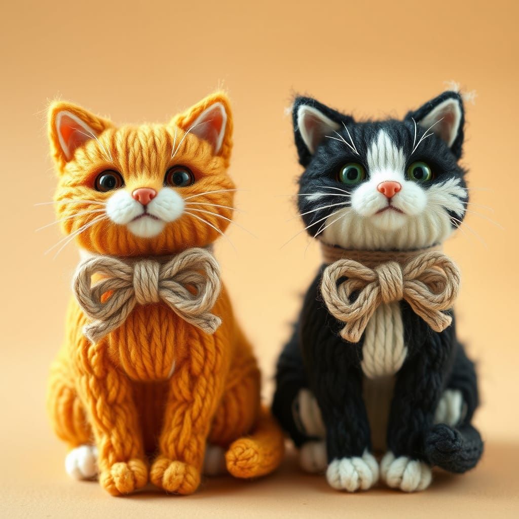 Yarn Cats with Bows in Handcrafted Style
