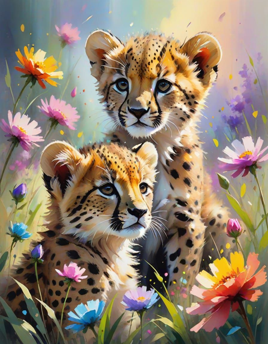 Whimsical Watercolor Painting of Cheetah Cubs, Lion Cub, and...