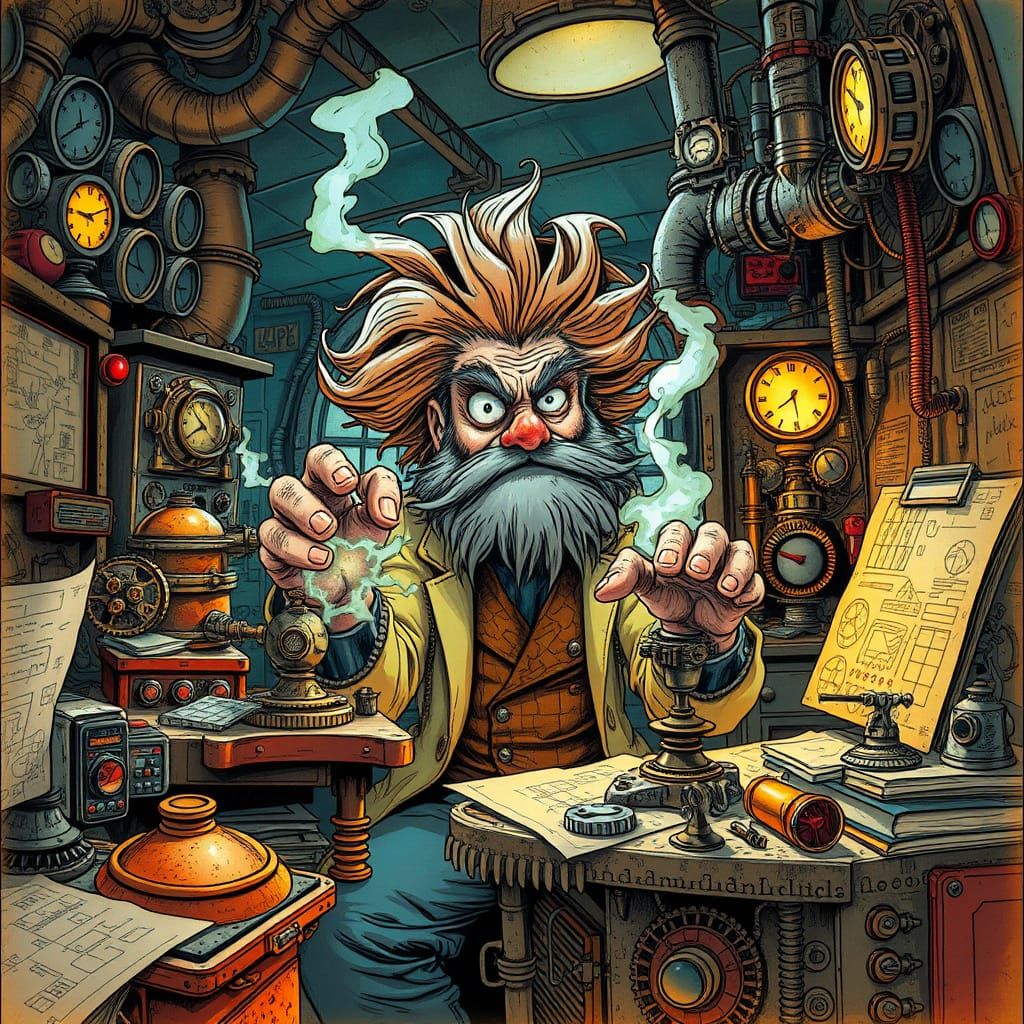 Steampunk Inventor in a Fantastical Laboratory