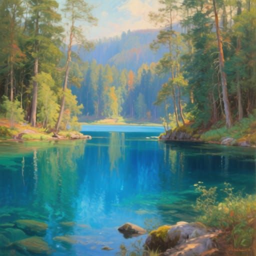 Sapphire Lake in Forest, Historical Painterly Realism
