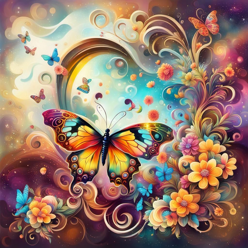 Ethereal Butterfly with Boho Flowers in Graffiti Art