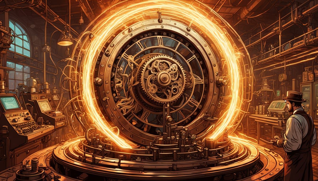 Steampunk Time Machine in Laboratory: Comic Book Art