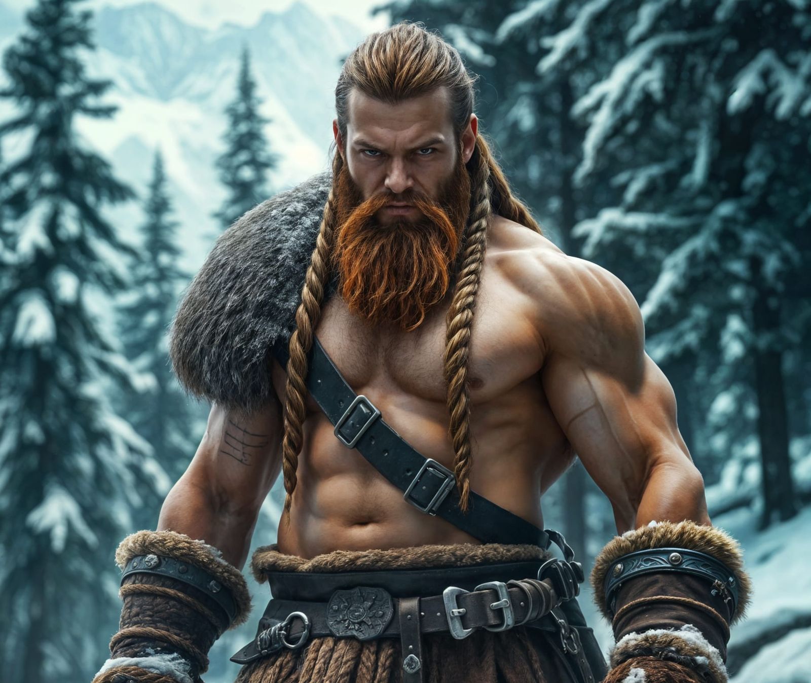 Shirtless Viking Berserker in Snowy Mountains