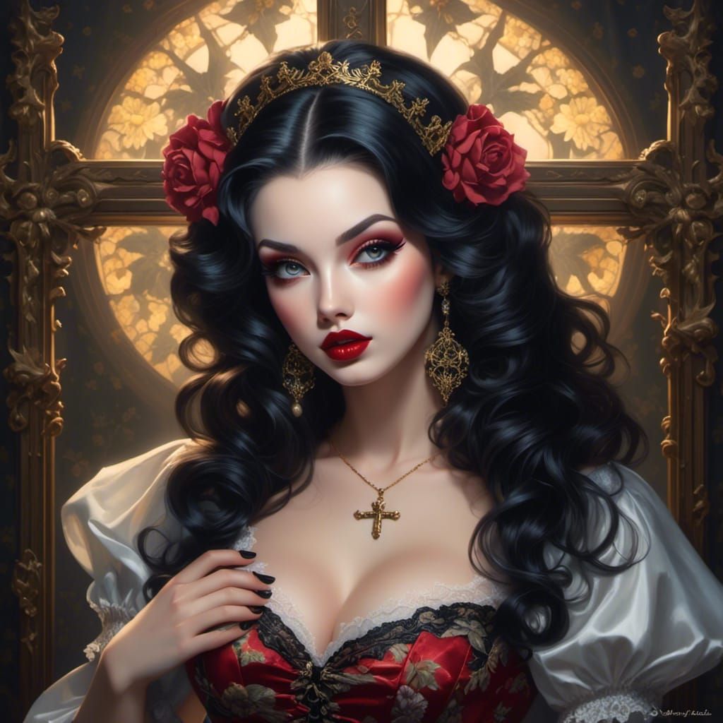 Pinup Portrait with Crucifix and Long Black Hair