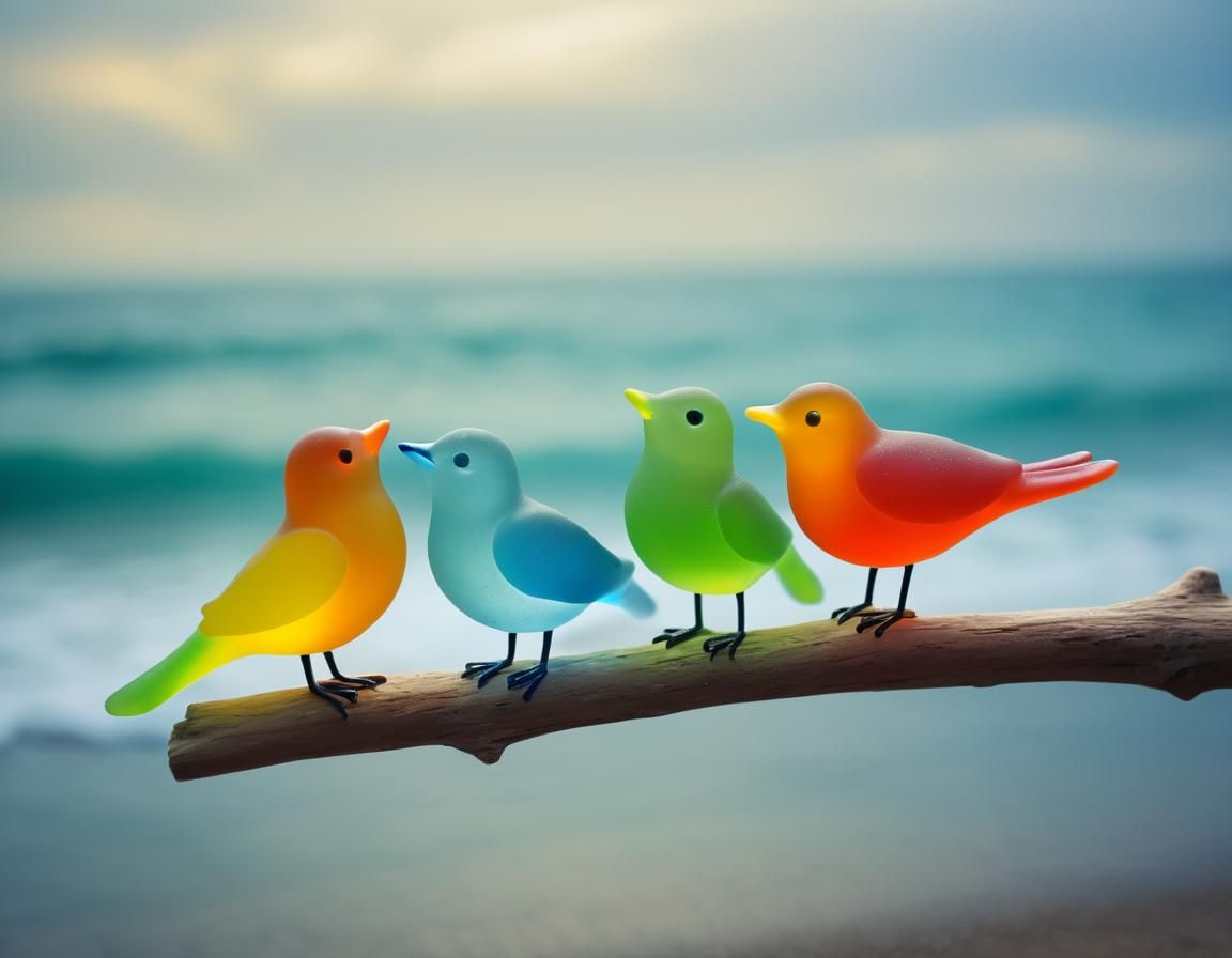 Sea Glass Rainbow Birds in Ethereal Setting