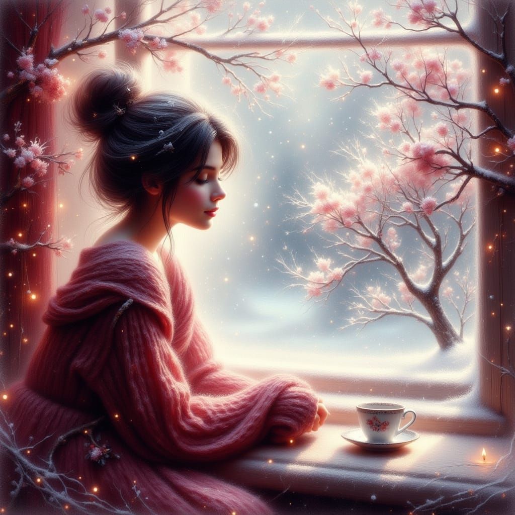 Dreamy Burgundy Watercolor of Woman by Window