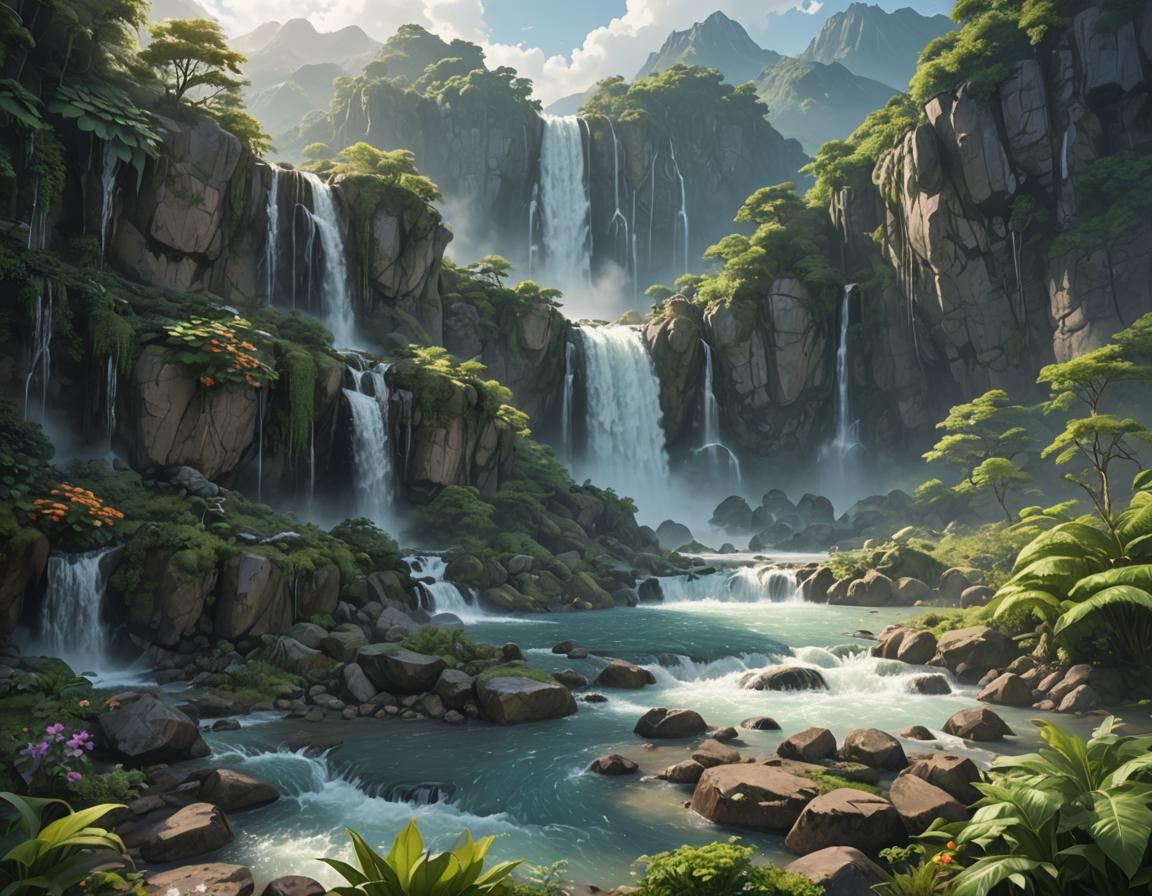 Anime Style Mountain Waterfall Fantasy Landscape