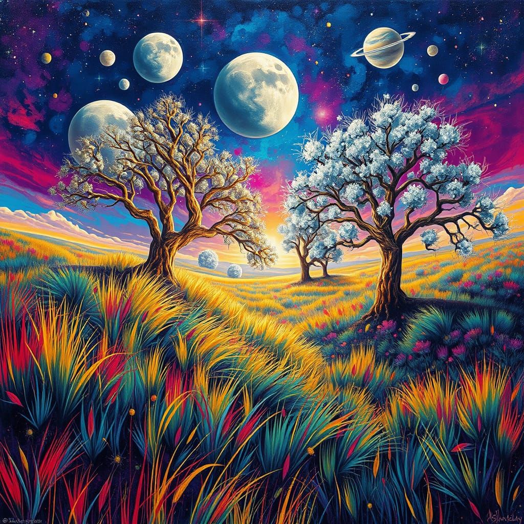 Galactic Landscape with Vibrant Grass and Celestial Skies