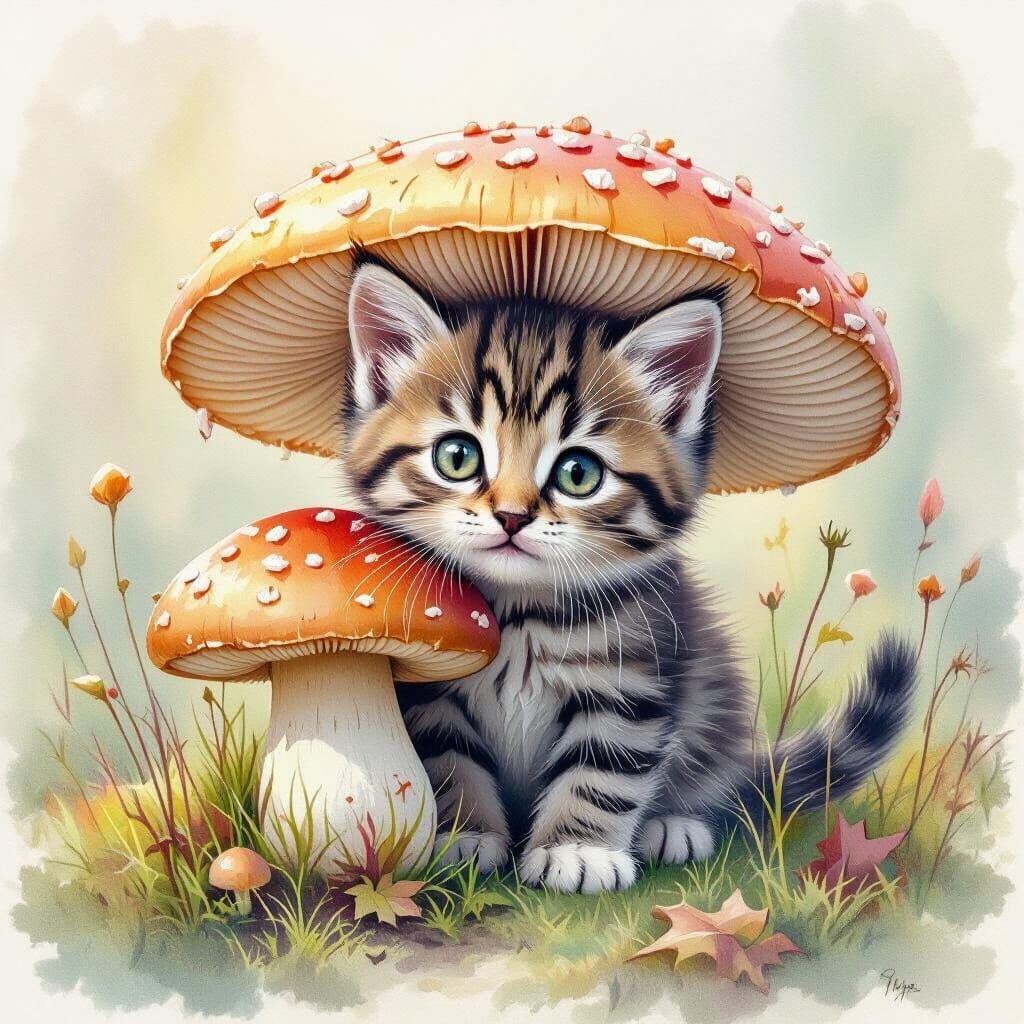 Kitten Peeking From Behind Giant Mushroom In Colored Pencil ...