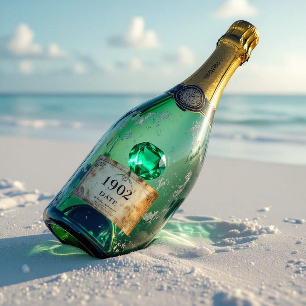 Giant Champagne Bottle on Deserted Beach with Emerald