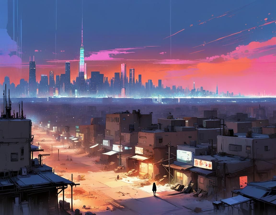 Cyberpunk Desert Town at Twilight in Anime Style