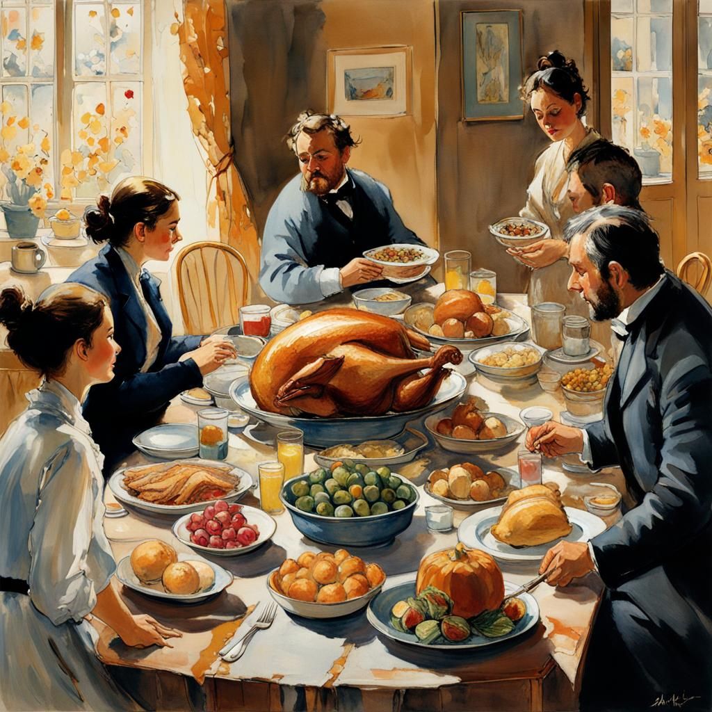 Festive Thanksgiving Dinner in Pointillist Style