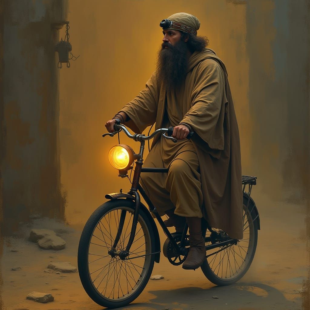 Ancient Pharisee Rides Vintage Bicycle Under Starry Skies