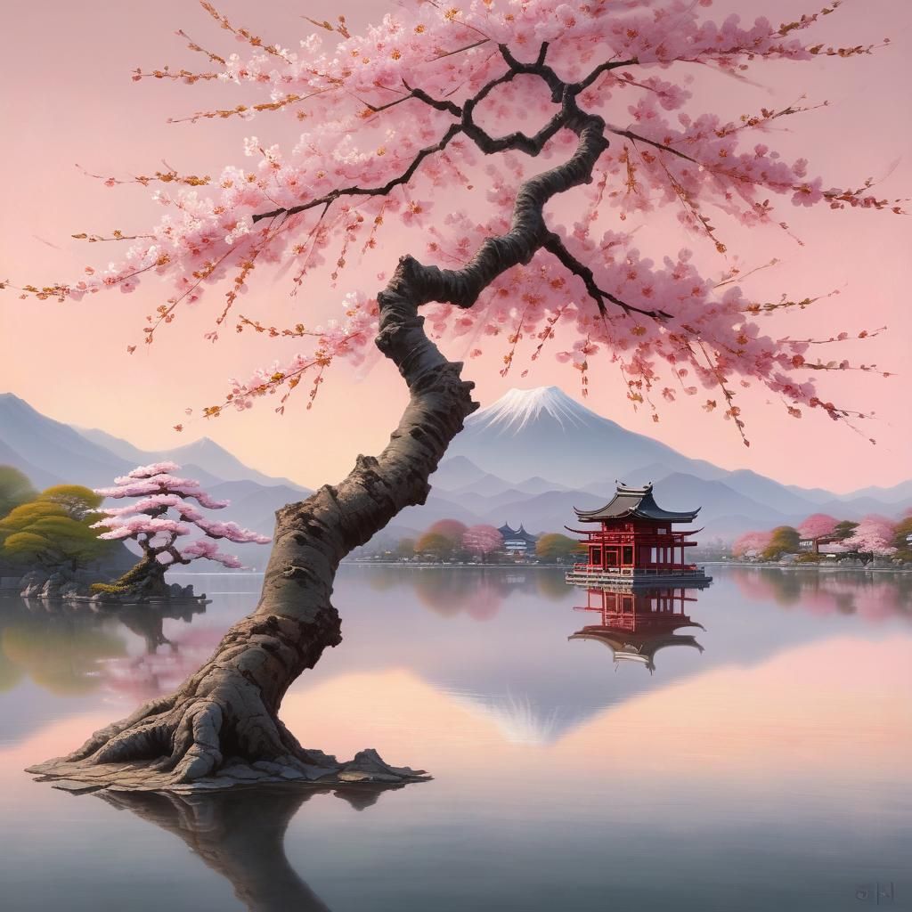 Serene Japanese Landscape with Cherry Tree as Oil Painting