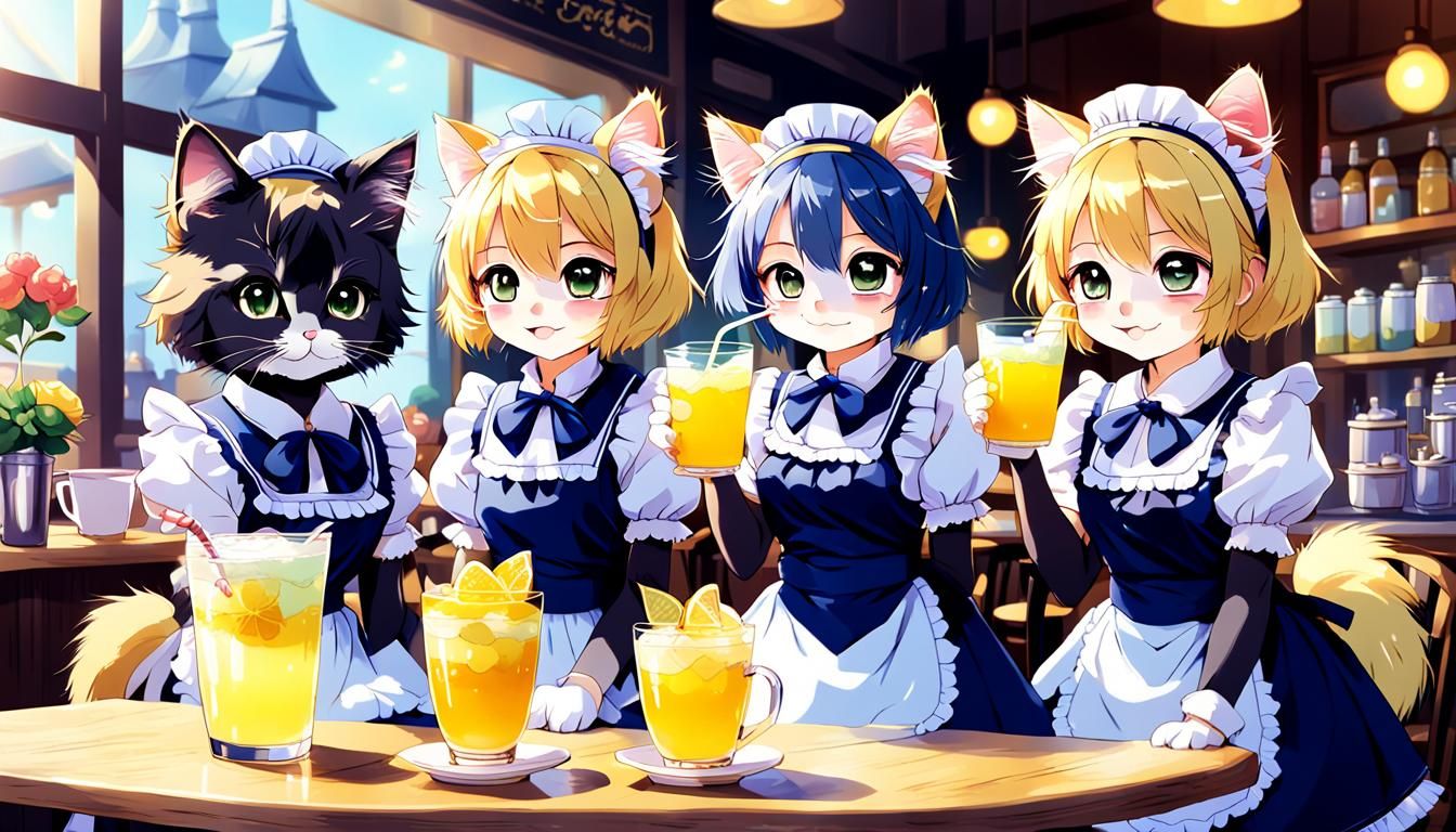Kittens in maiden outfit serving tropical lemonade at a cafe