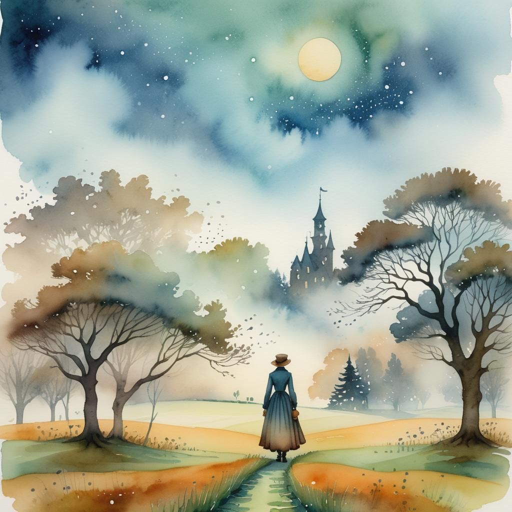 Nostalgic Figure Walks into Fog: Watercolor Illustration