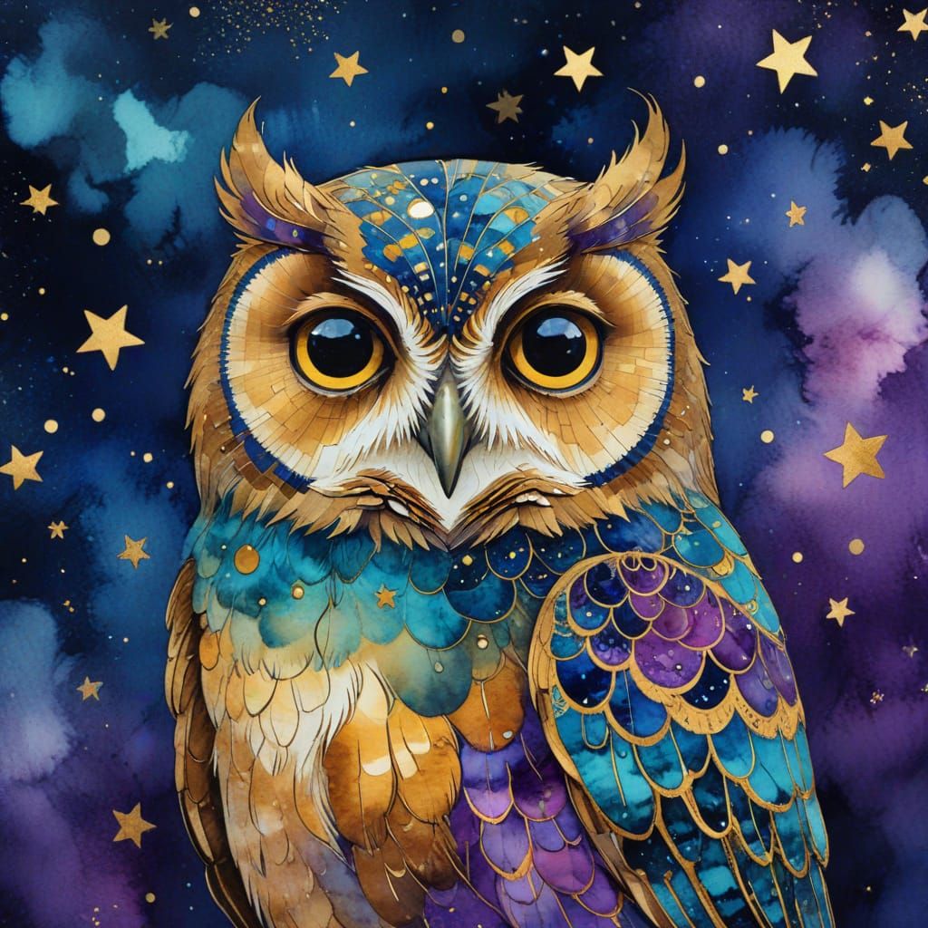 Starlit Owl Illustration in Gustav Klimt Style