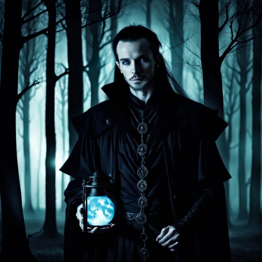 Gothic Sorcerer in Moonlit Forest: Dark Fantasy