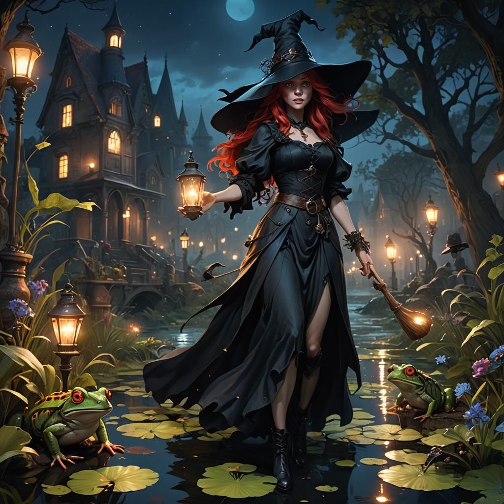 Sinister Witch Collecting Frogs in Dark Fantasy Style